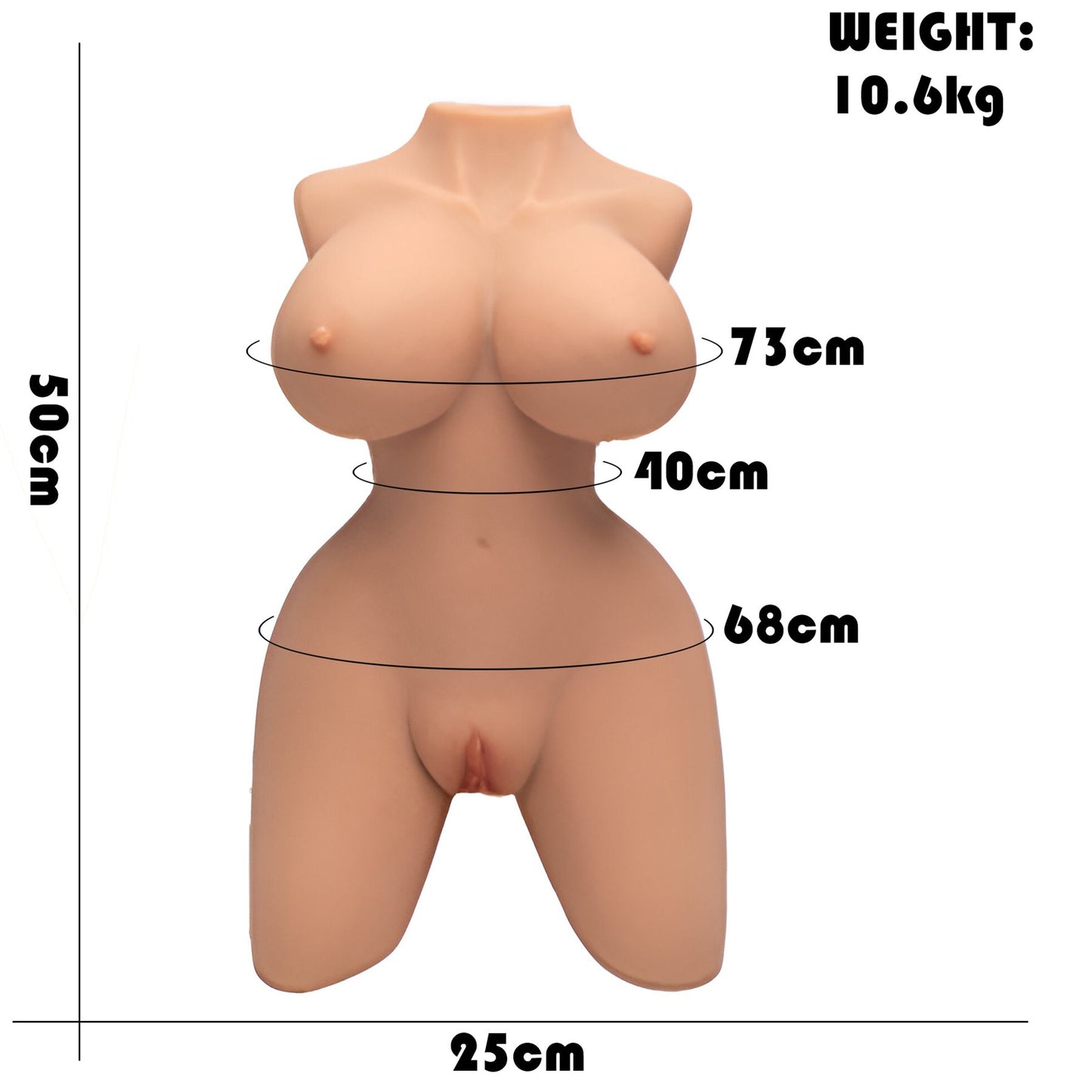 10.6kg curvy big bust torso sex doll measurements view showing size and dimensions