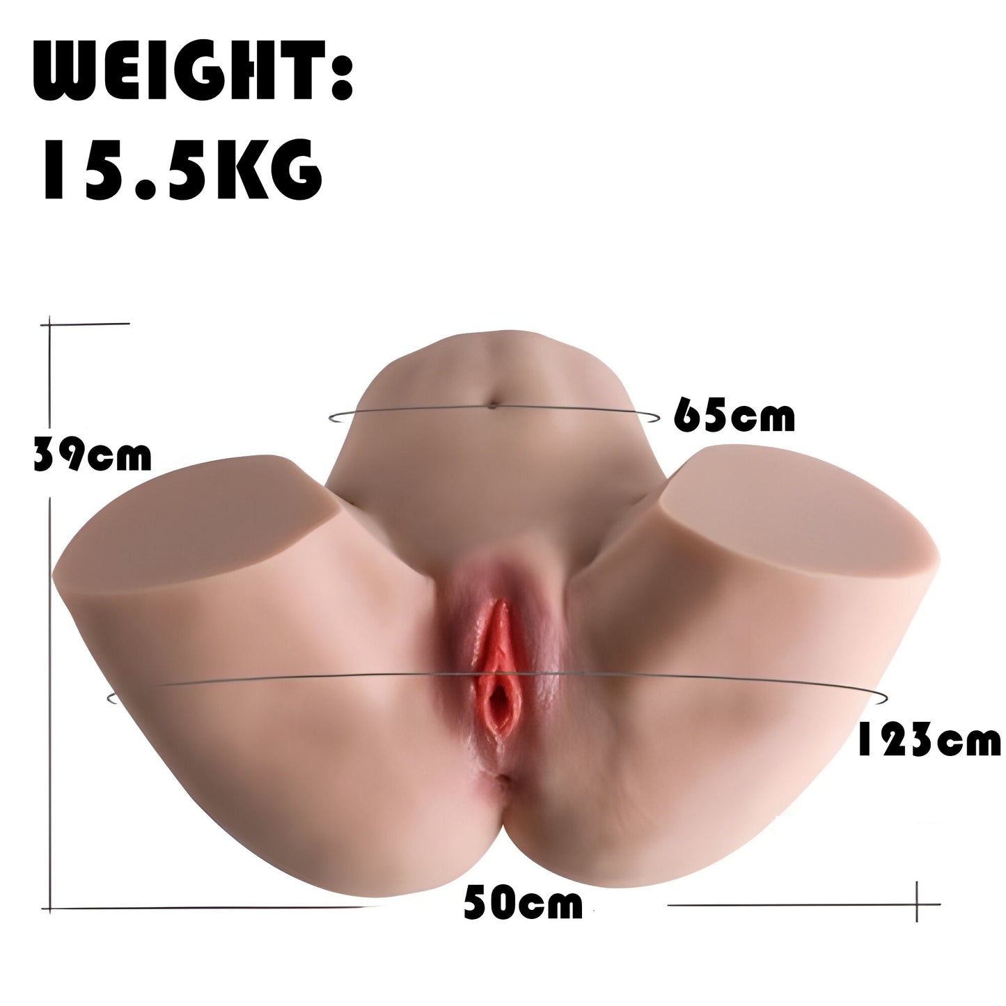 15.5kg curvy lower body sex doll measurements showing dimensions and proportions