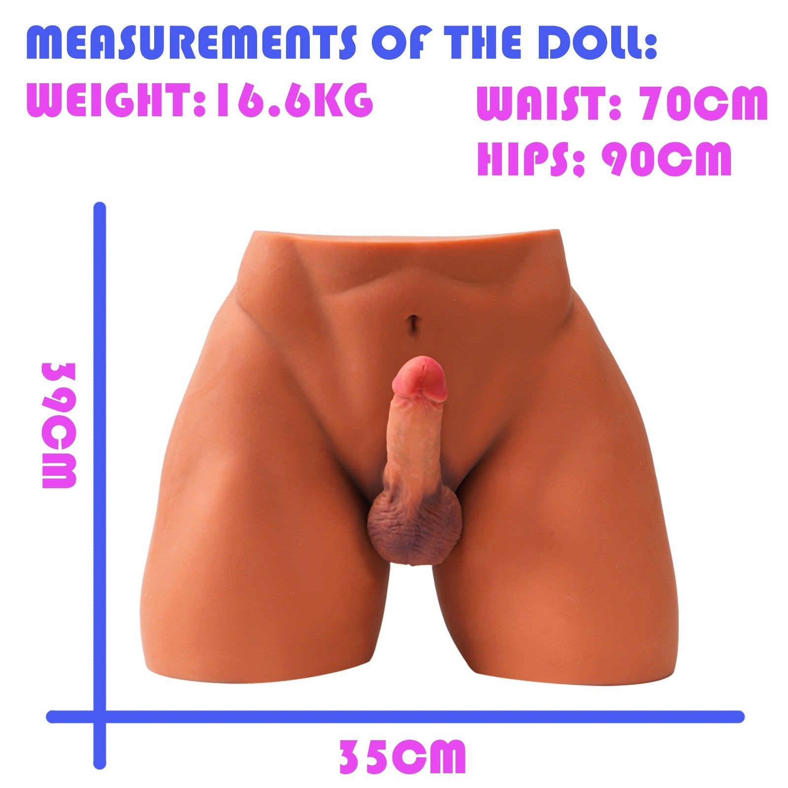 16.6kg realistic male lower body sex doll heavy athletic model dimensions image with weight, waist and hips