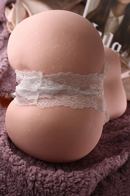 6kg slim waist big ass sex doll rear vertical view with lace panties on soft blanket backdrop